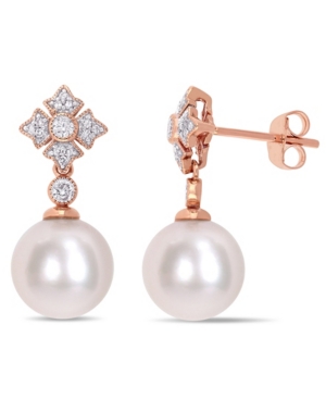 Macy's Cultured Freshwater Pearl (9-1/2mm) & Diamond (1/5 Ct. T.w.) Drop Earrings In 10k Rose Gold In White