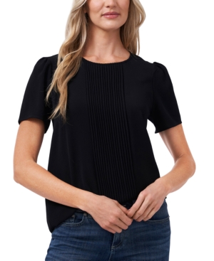 Cece Women's Pintucked Front Short Sleeve Crew Neck Blouse In Rich Black