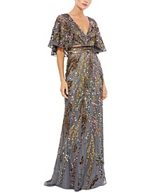Sequin Cape-Sleeve Gown