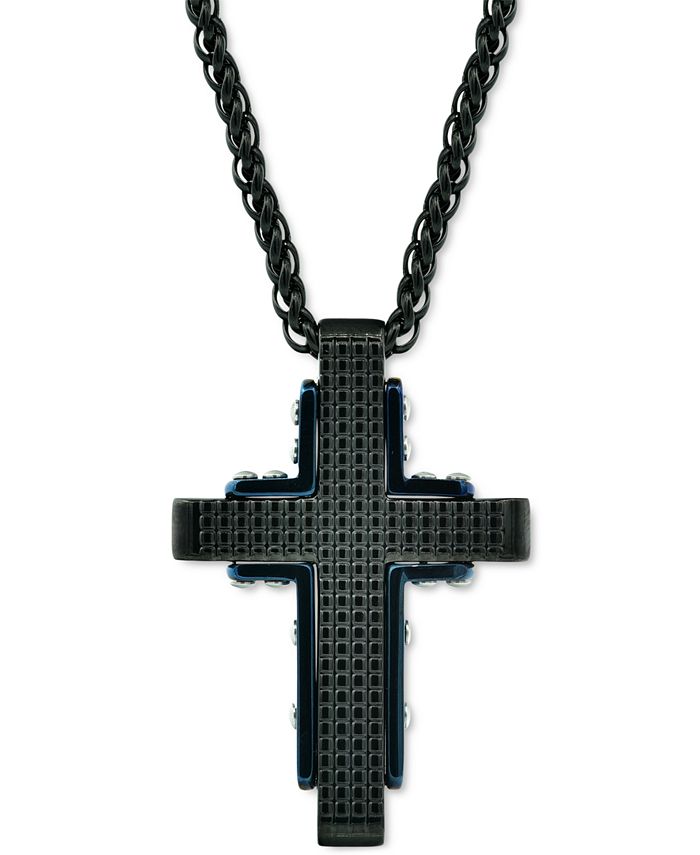 Macy's Men's Textured Cross 24" Pendant Necklace in Black & Blue Ion