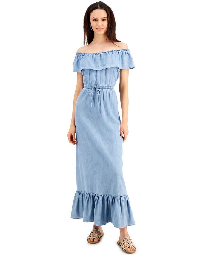 Style & Co Petite Cotton Chambray Off-The-Shoulder Maxi Dress, Created ...