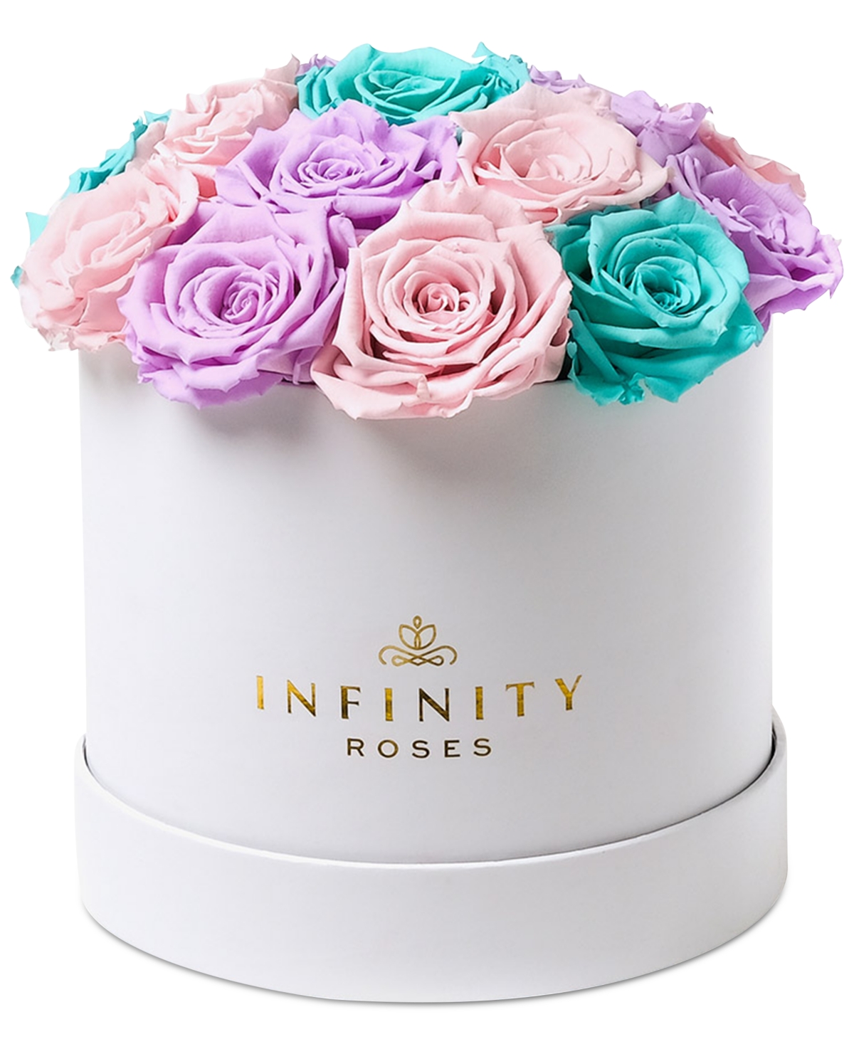 Round Box of 16 Pastel Ombre Real Roses, Preserved To Last Over A Year - Open White