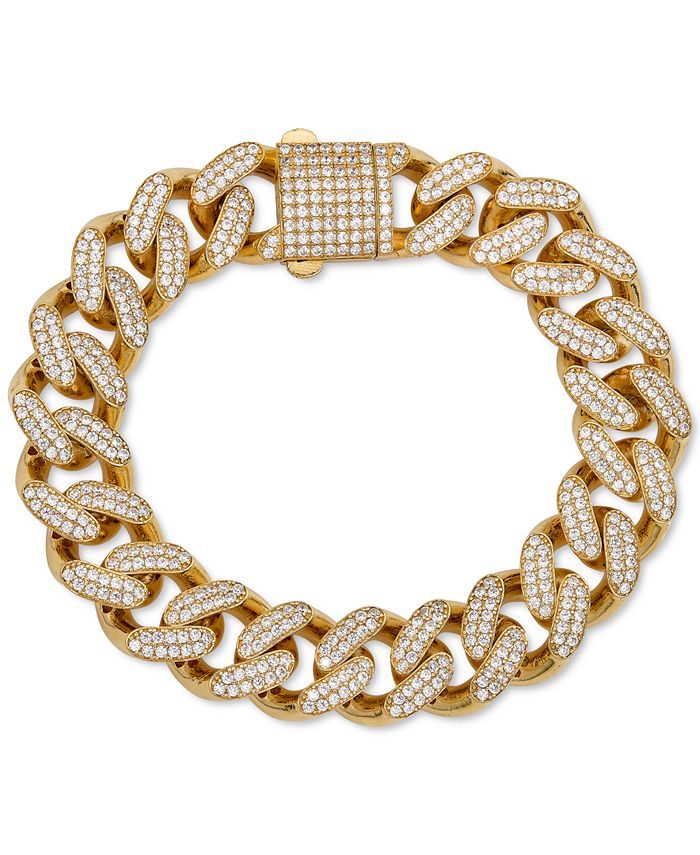 Macy's Men's Cubic Zirconia Curb Link Chain Bracelet in 24k Gold-Plated ...