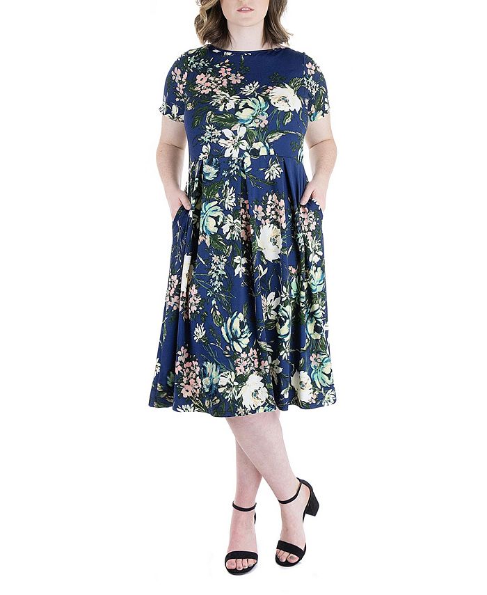 24seven Comfort Apparel Plus Size Short Sleeve Floral Pocket Midi Dress ...