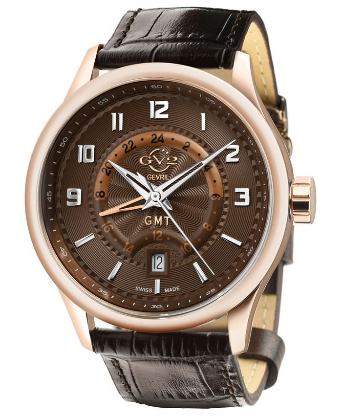 Gevril Men's Giromondo Swiss Quartz Brown Leather Strap Watch 42mm - Macy's