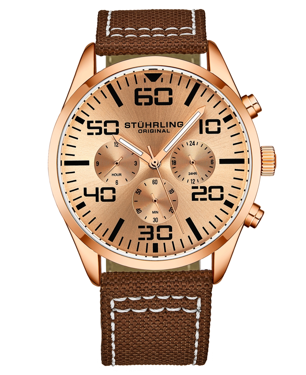 Men's Chrono Brown Canvas with White Contrast Stitching Strap Watch 42mm - Pink