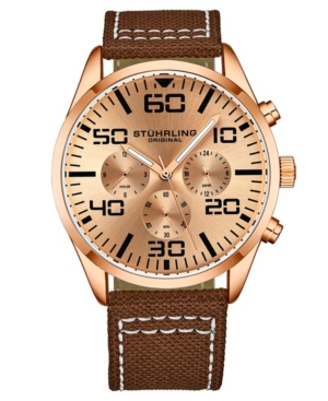 Stuhrling Men's Chrono Brown Canvas With White Contrast Stitching Strap Watch 42mm In Pink