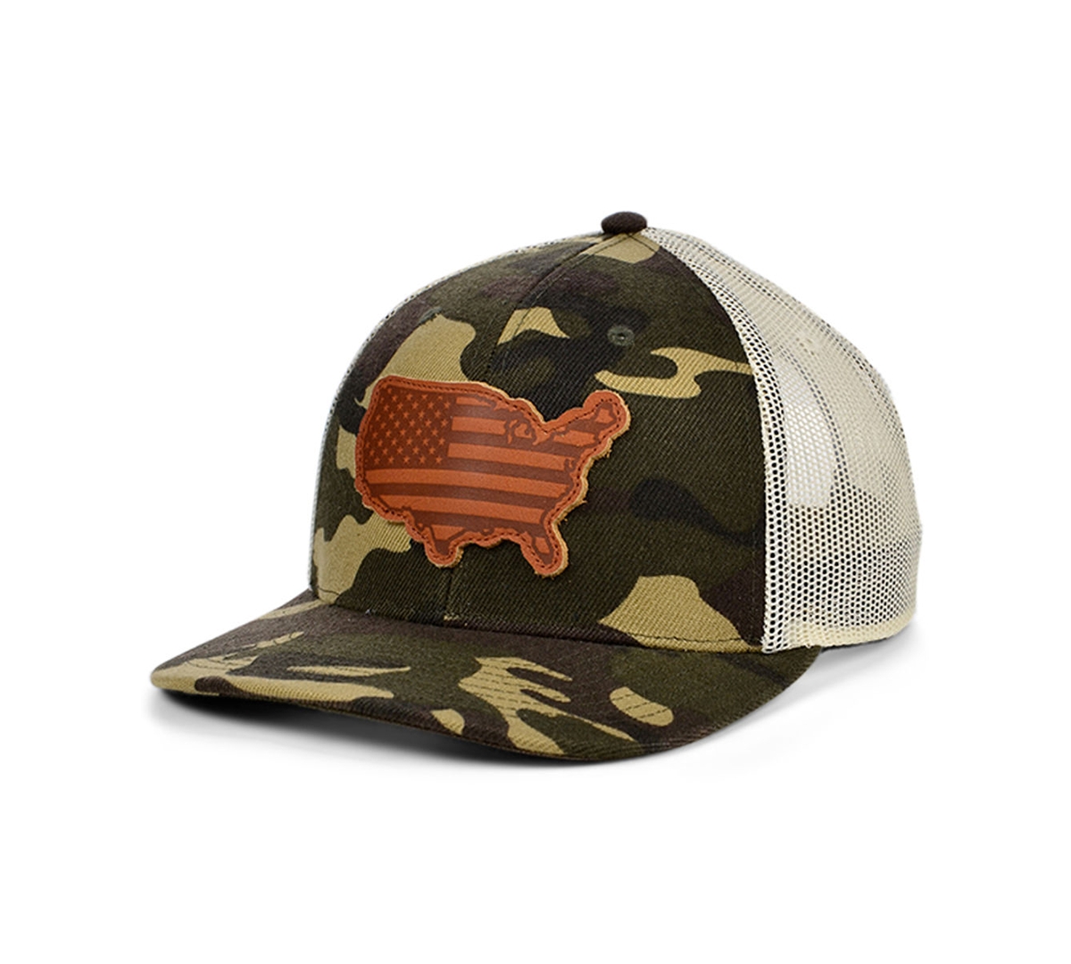 Local Crowns United States of America Woodland State Patch Curved Trucker Cap - WoodlandCamo/Ivory/Brown