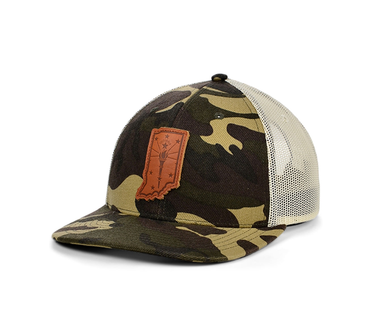 Local Crowns Indiana Woodland State Patch Curved Trucker Cap - WoodlandCamo/Ivory/Brown