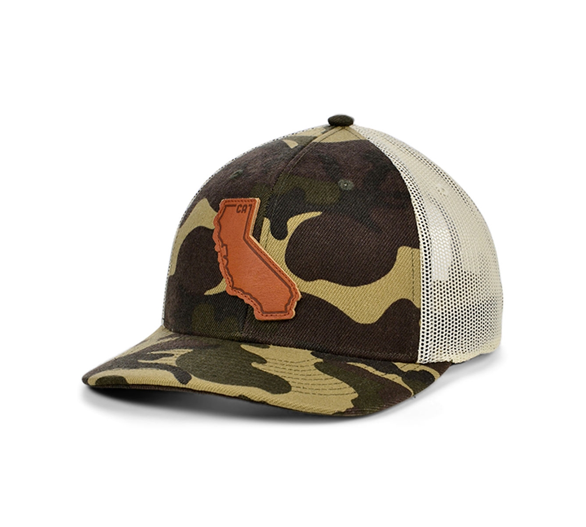Local Crowns California Woodland State Patch Curved Trucker Cap - WoodlandCamo/Ivory/Brown