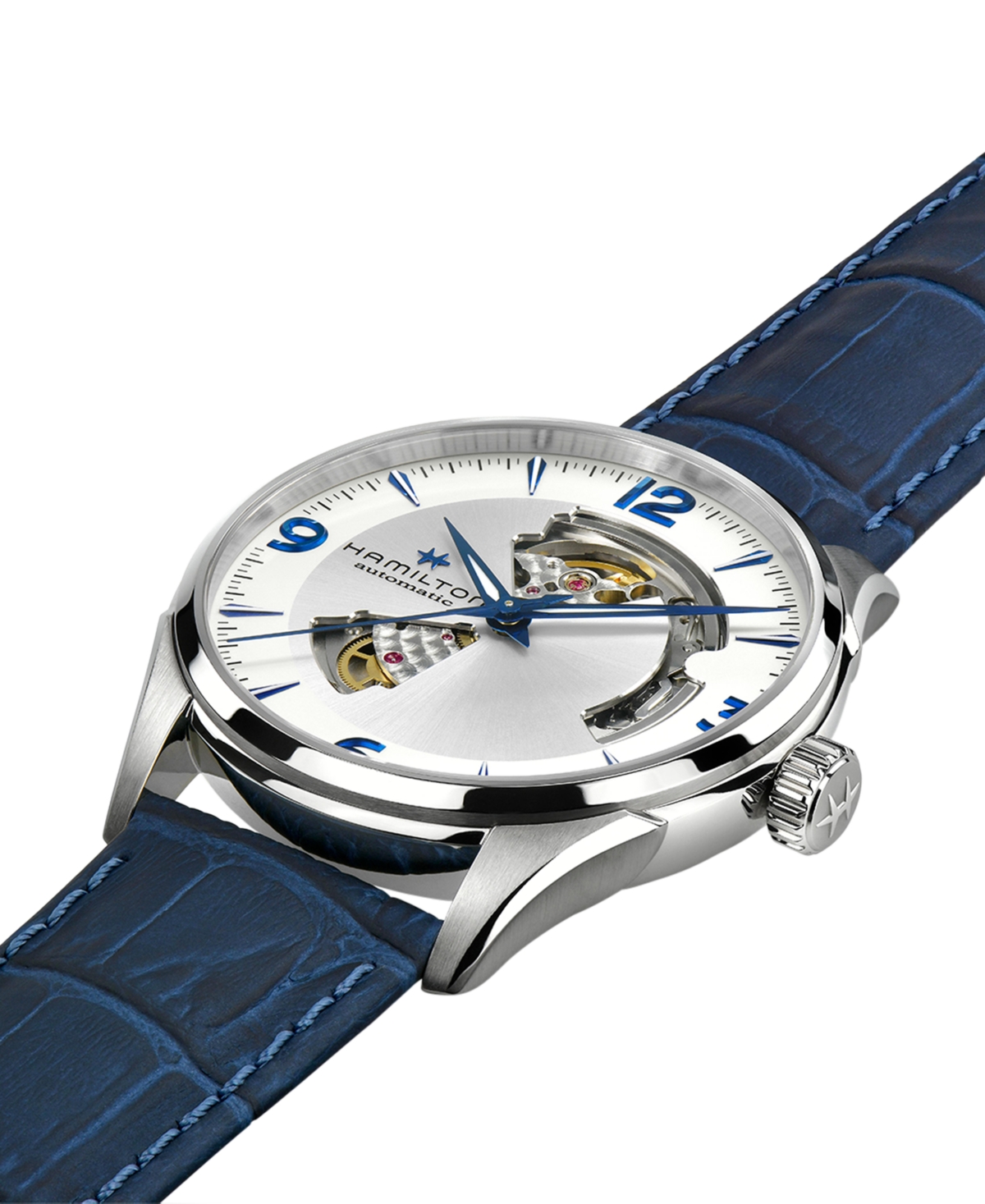 Shop Hamilton Men's Swiss Automatic Jazzmaster Open Heart Blue Leather Strap Watch 42mm
