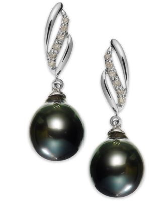 14k White Gold Tahitian Pearl (9mm) and Diamond (1/10 ct. t.w.) Drop ...