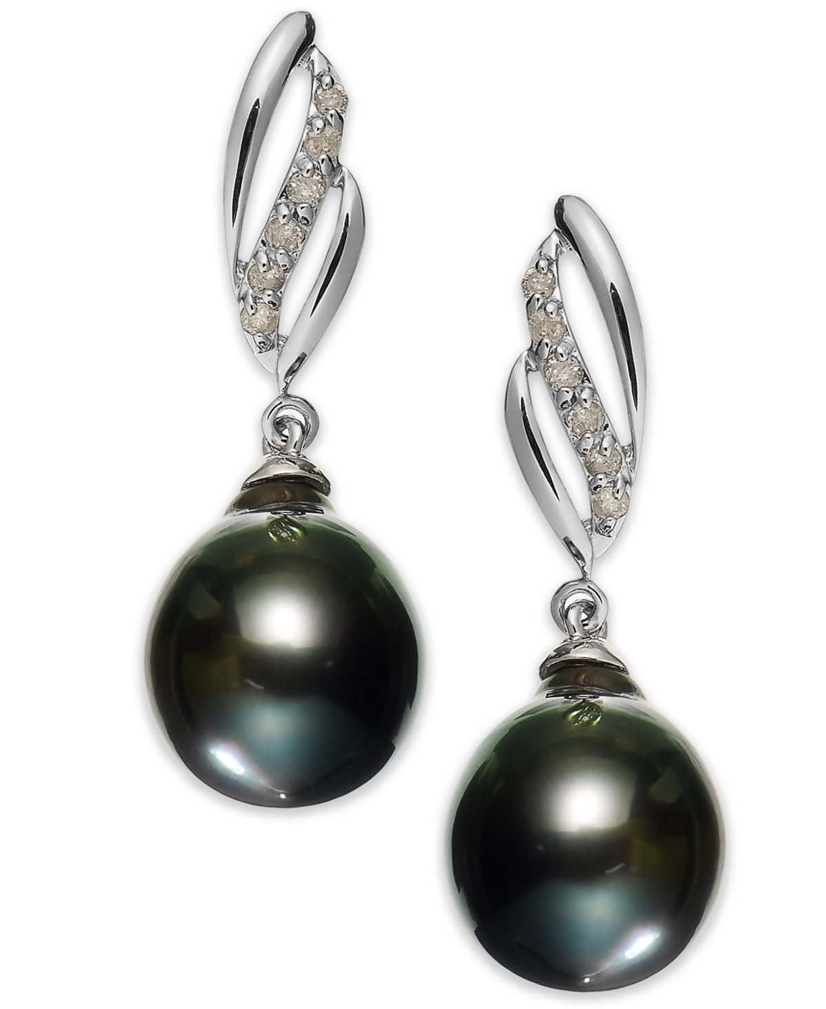 Shop Macy's 14k White Gold Tahitian Pearl (9mm) And Diamond (1/10 Ct. T.w.) Drop Earrings In Black