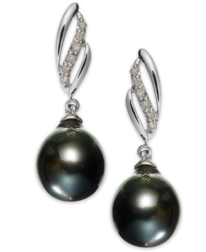 image of 14k White Gold Tahitian Pearl (9mm) and Diamond (1/10 ct. t.w.) Drop Earrings