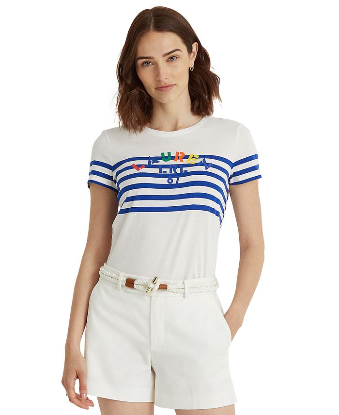 Lauren Ralph Lauren Petite Striped Logo Jersey T-Shirt - Macy's