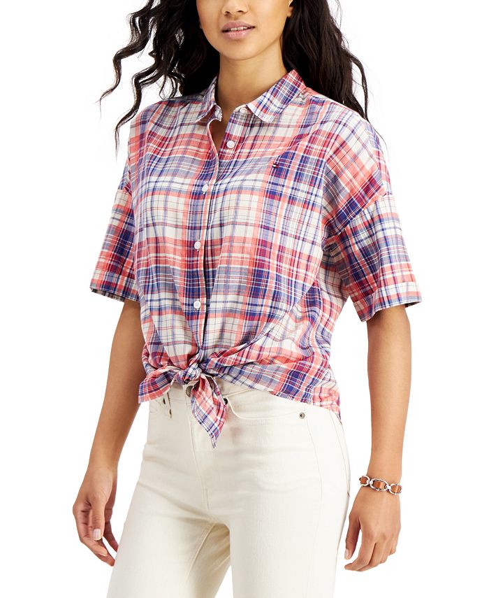 Tommy Hilfiger Cotton Oversized Plaid Shirt & Reviews - Tops - Women ...