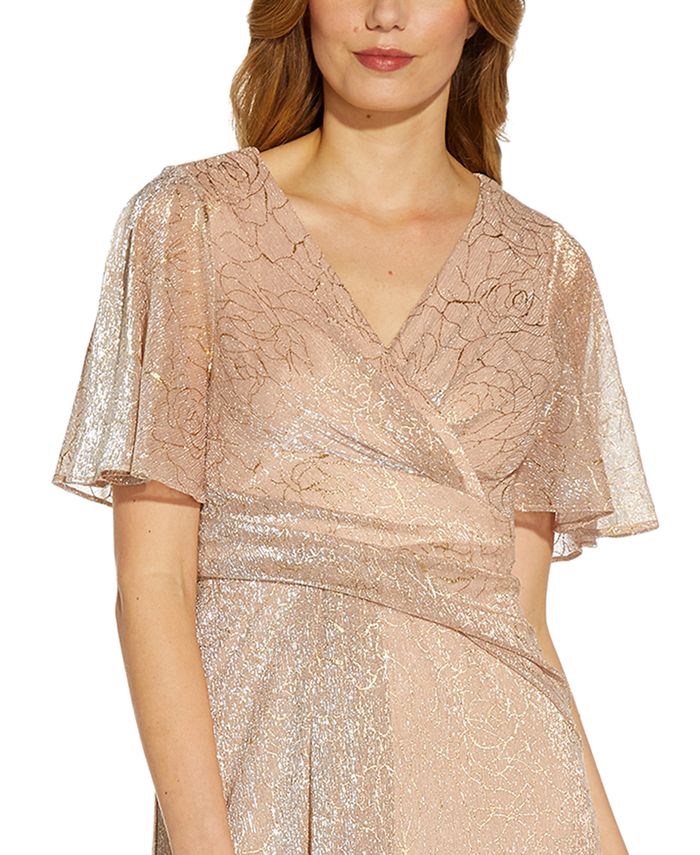 adrianna papell pleated metallic gown
