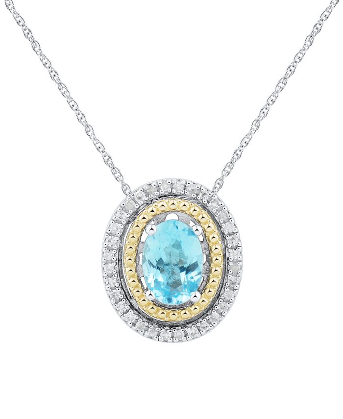 Macy's - Swiss Blue Topaz (7/8 ct. t.w.) & Diamond (1/10 ct.t.w.) Halo 18" Pendant Necklace in Sterling Silver & 14k Gold