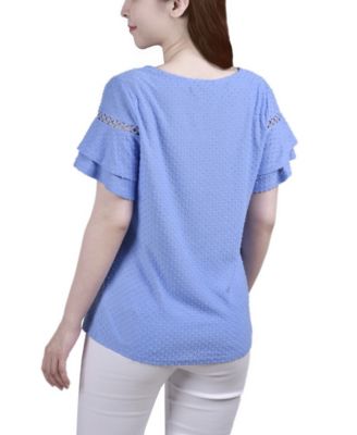 Petite Short Double Flutter Sleeve Swiss Dot Top