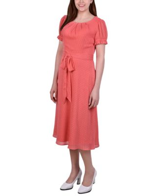 Petite Short Sleeve Belted Swiss Dot Dress