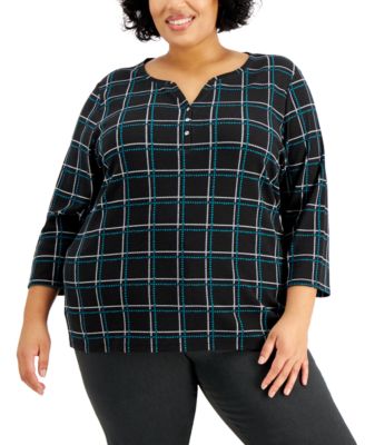 Plus Size Plaid 3/4-Sleeve Henley Top, Created for Macy's