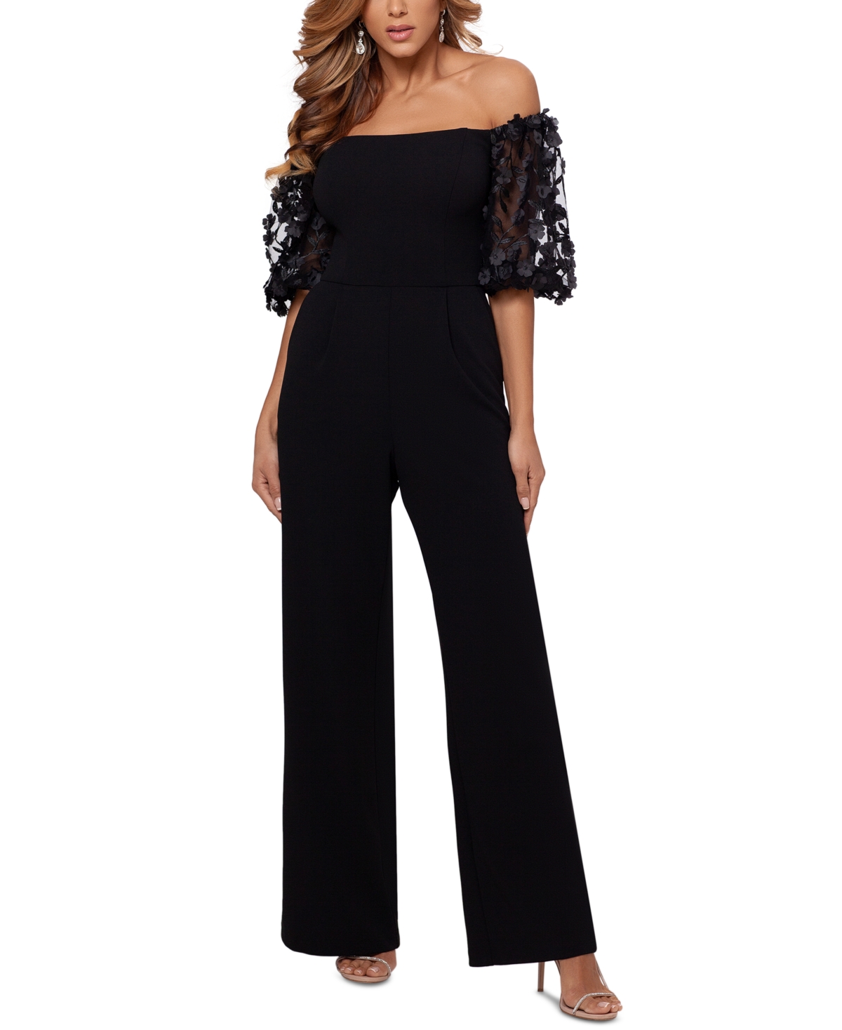 Xscape Floral-Sleeve Off-The-Shoulder Jumpsuit