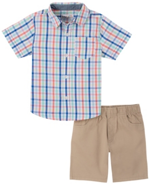 Kids Headquarters Toddler Boys 2-Piece Plaid Short Sleeve Shirt and Twill Shorts Set