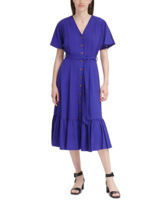 Calvin Klein - Solid Ruffled-Hem Button-Front Belted Midi Dress