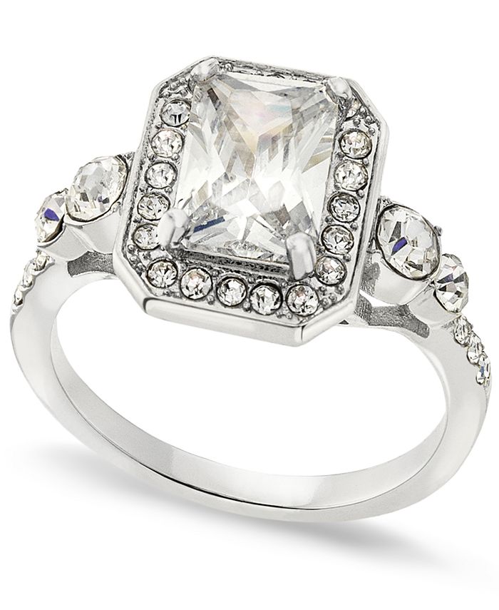Charter Club Silver Plated Pavé & EmeraldCrystal Halo Ring, Created