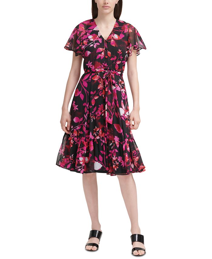 Calvin Klein Floral-Print Chiffon Dress - Macy's