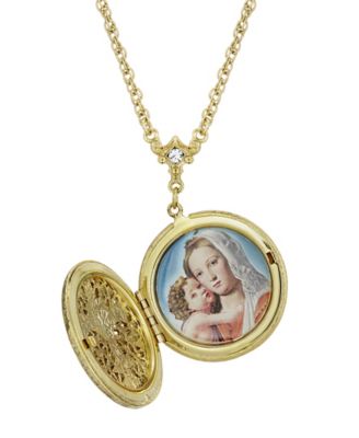 14K Gold Dipped Crystal Cross Round Locket Necklace