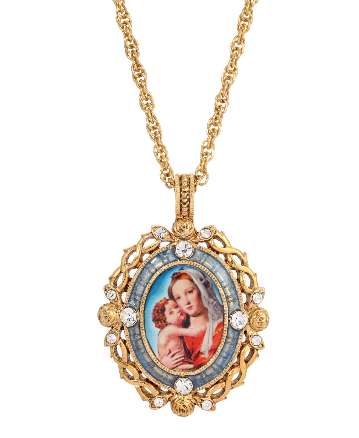 Enamel Crystal Mary and Child Pendant Necklace 24" - Gold-Tone