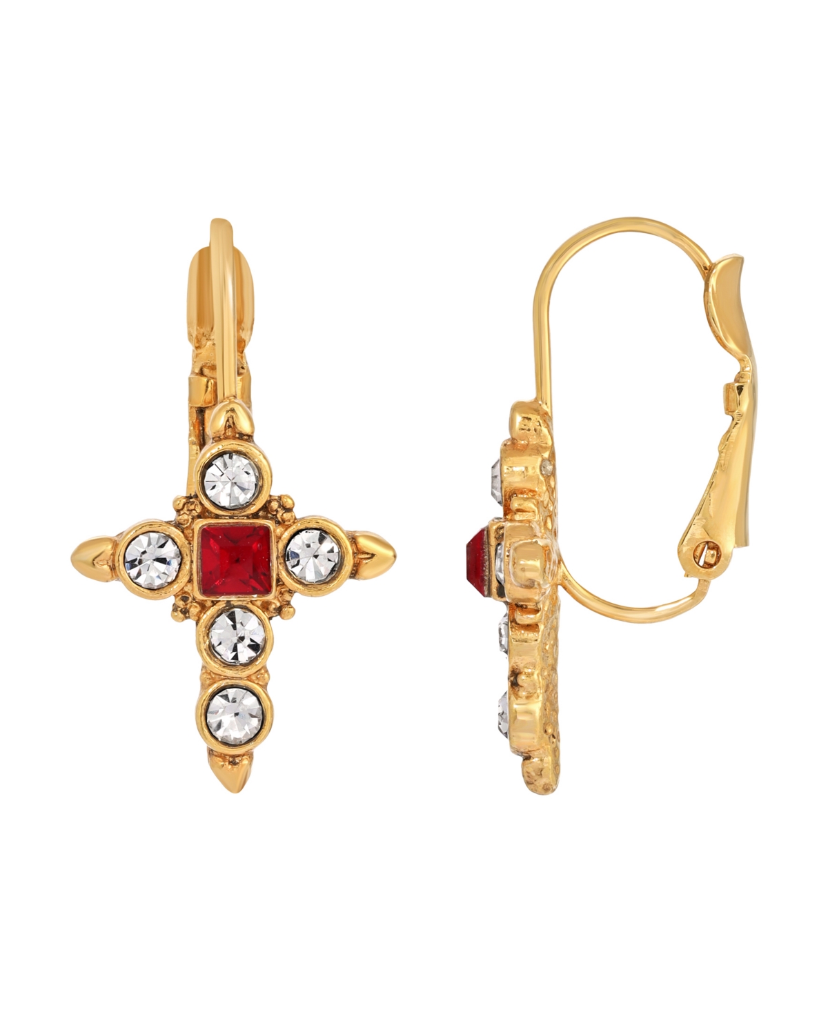 14K Gold-Dipped Crystal Dark Red Cross Earrings - Red
