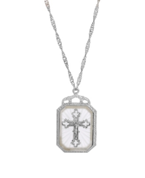 Silver-Tone Frosted Stone with Crystal Cross Large Pendant Necklace