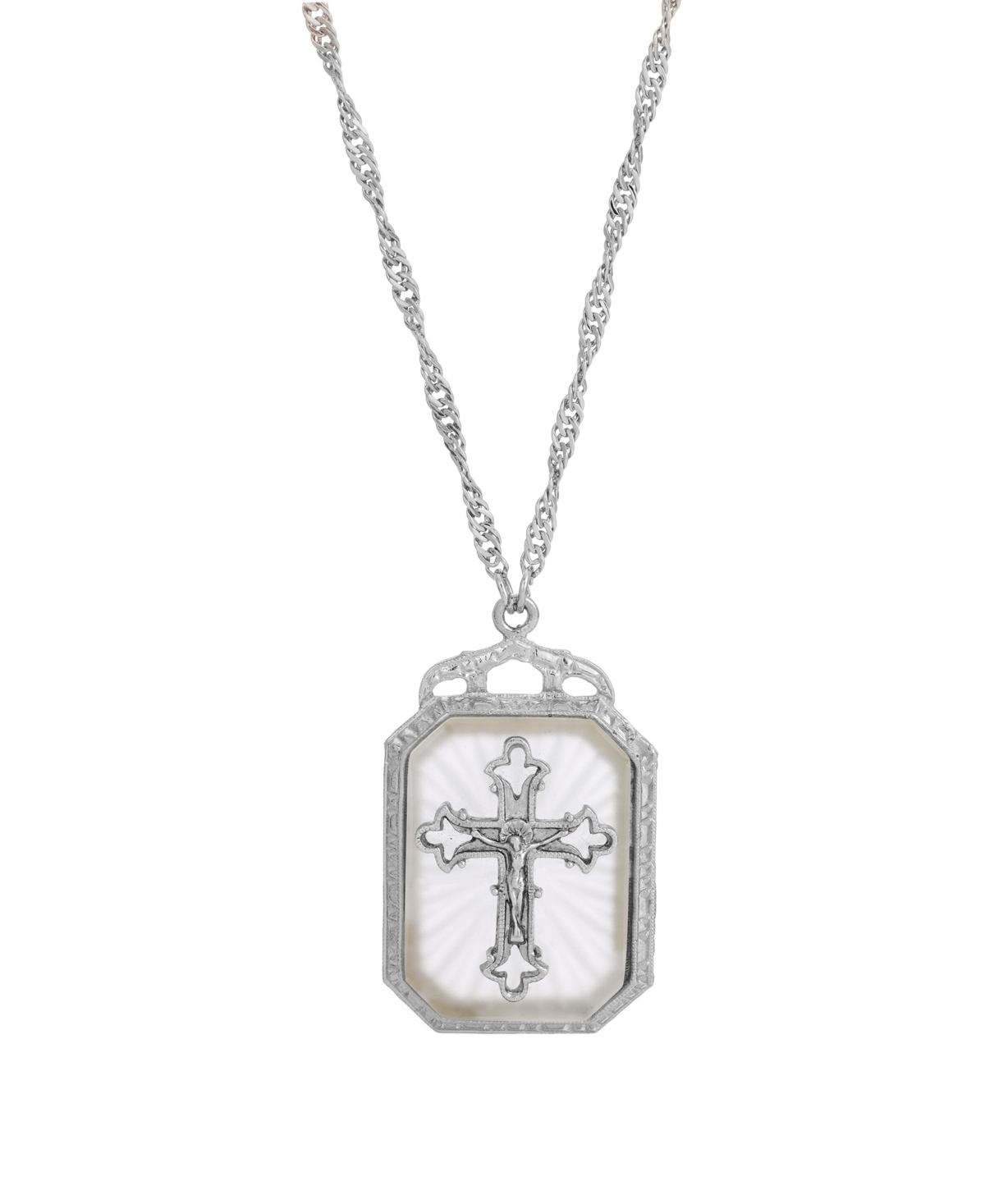 Silver-Tone Frosted Stone with Crystal Cross Large Pendant Necklace - White