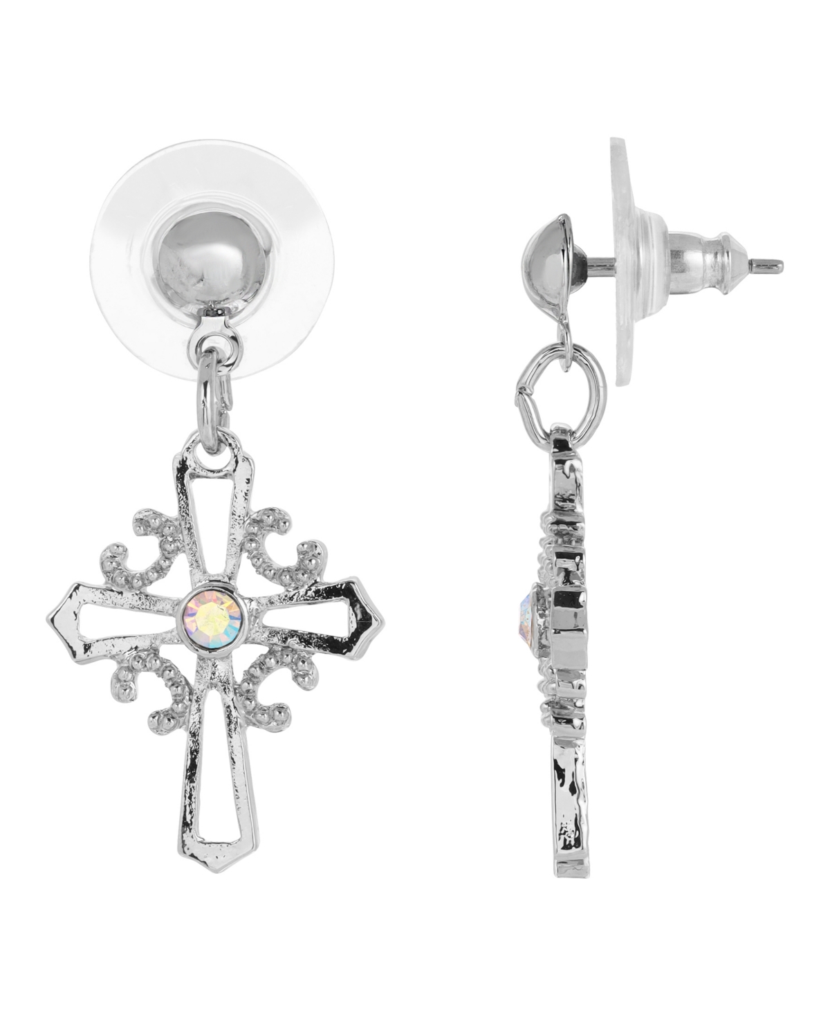 Silver-Tone Crystal Cross Drop Earrings - Silver-Tone