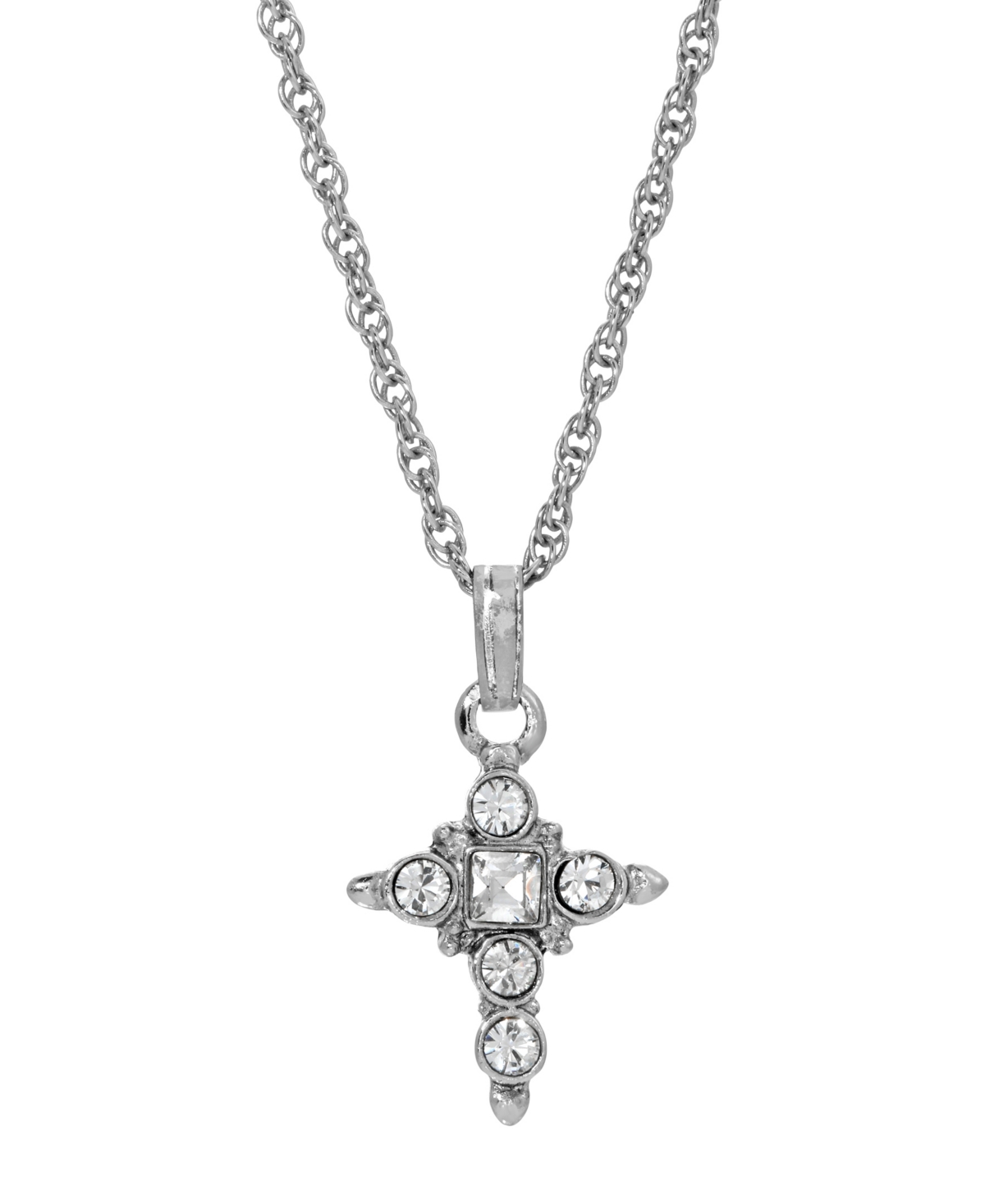Silver-Tone Crystal Cross Pendant Necklace - White