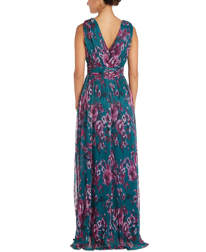 Nightway Floral-Print Pleated Gown - Macy's