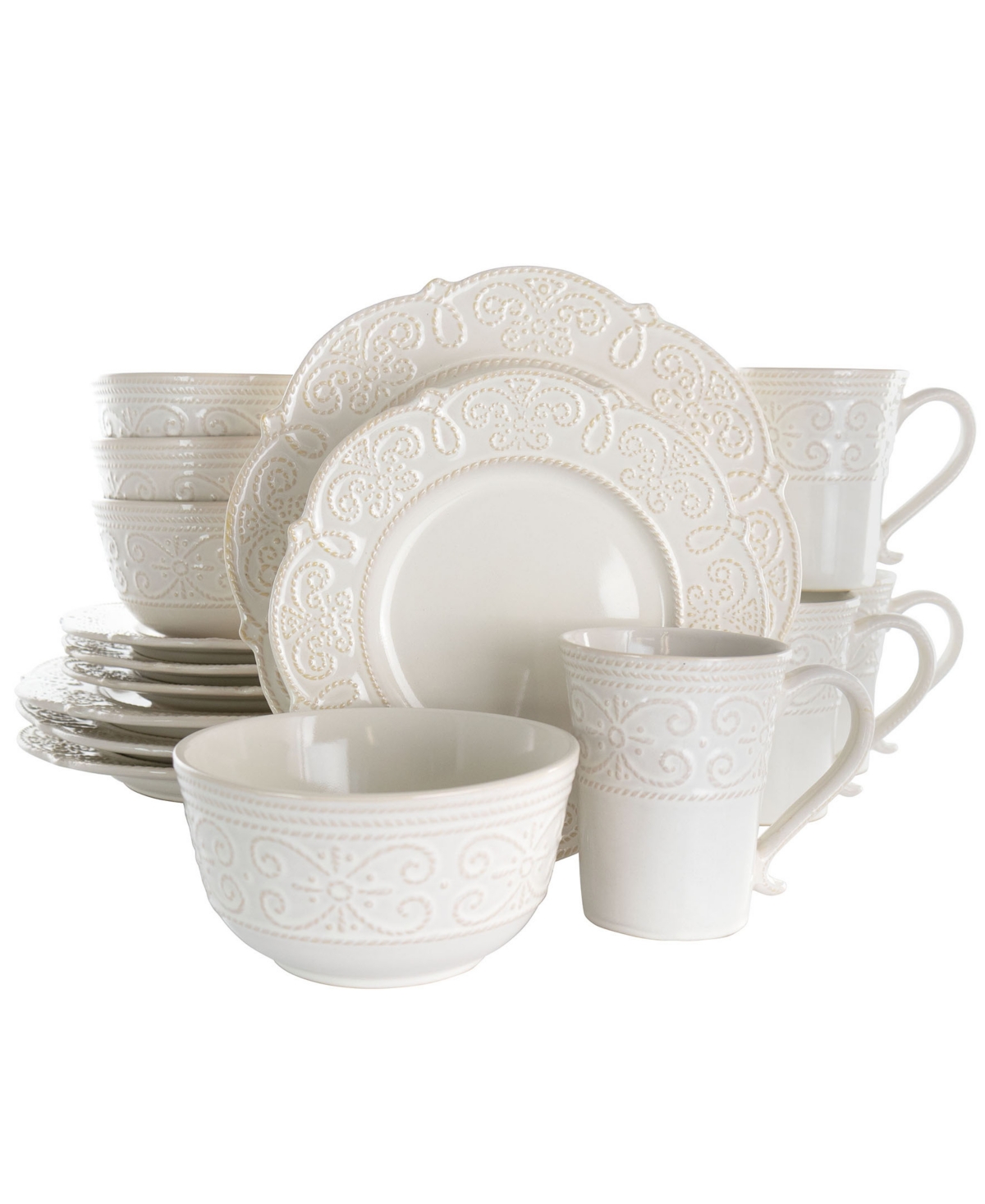 Luna Embossed Scalloped Dinnerware Set of 16 Pieces - White