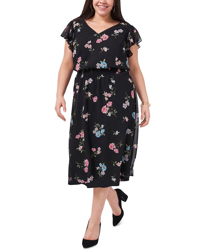 MSK Plus Size Floral-Print Flutter-Sleeve Midi Dress & Reviews ...