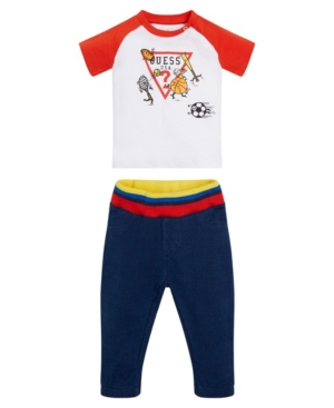 Baby Boys Printed and Embroidered Logo T-shirt and Knit Denim Jogger Set 2 Piece