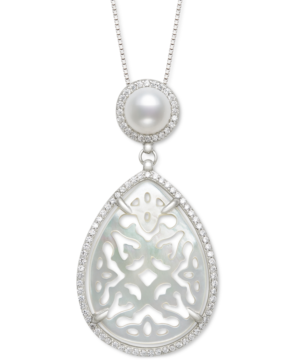 Belle de Mer Cultured Freshwater Pearl (6mm), Carved Mother-of-Pearl, & Cubic Zirconia 18" Pendant Necklace in Sterling Silver