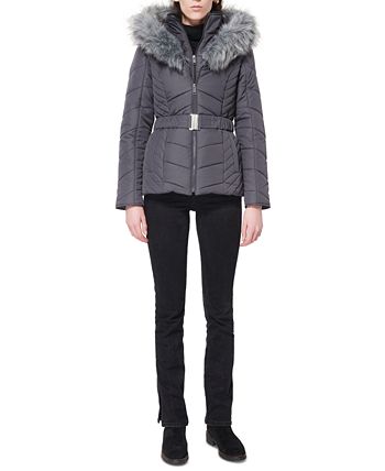 Maralyn & Me Juniors' Faux-Fur-Trim Hooded Coat Dark Gray Size Extra Large