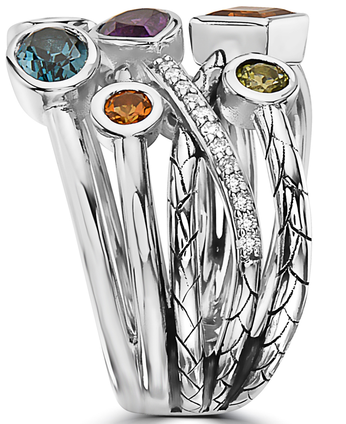 Effy Multi-Gemstone (1-3/4 ct. t.w.) & Diamond (1/10 ct. t.w.) Multirow Ring in Sterling Silver - Multi-gemstone