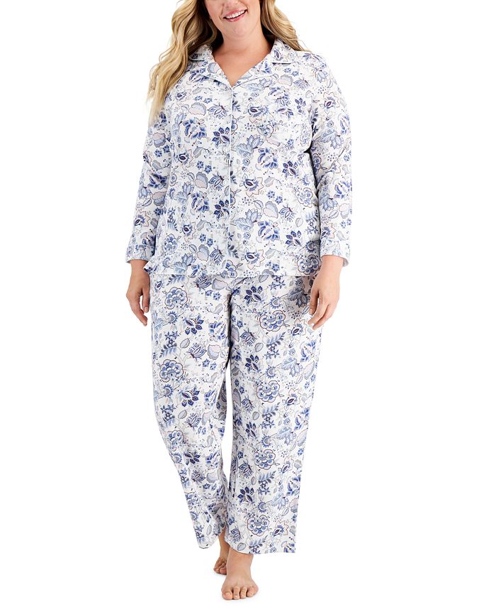 Charter Club Plus Size Cotton Brushed Knit Pajama Set, Created for Macy ...
