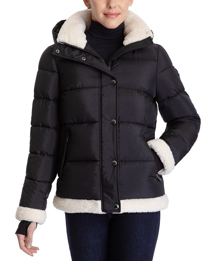 Michael Michael Kors Women's Faux-Fur-Trim Hooded Puffer Coat, Created for Macy's - Taupe - Size M