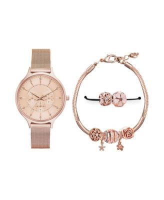 Photo 1 of American Exchange Women's Rose Gold-Tone Strap Analog Watch 36mm with Glam Flower Charms Bracelet Cubic Zirconia Gift Set