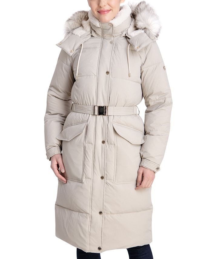 Michael Kors Women's Belted Faux-Fur-Trim Hooded Puffer Coat - Macy's
