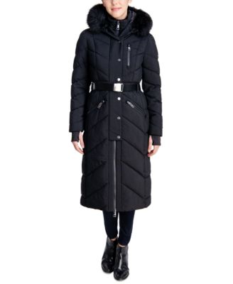 Belted Faux-Fur-Trim Hooded Maxi Puffer Coat