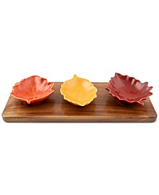 Set of 3 Ceramic Leaf Bowls with Wood Tray